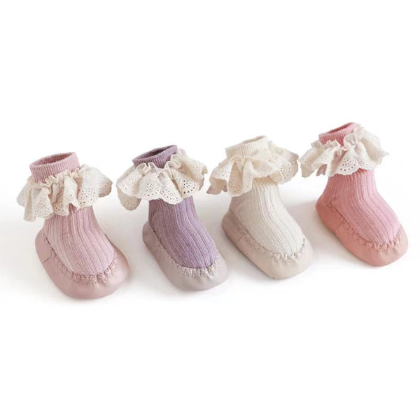 Baby Girl Ribbed Knitted Graphic Lace Design Non-Slip Mid Tube Shoes