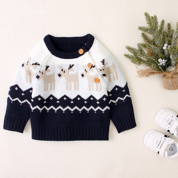 Baby Cartoon Christmas Deer Pattern Shoulder Button Design Knitted