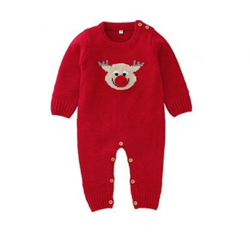 Baby Christmas Elk Pattern Solid Color Knitted Sweater Rompers