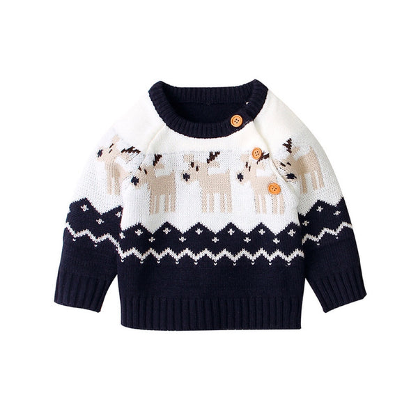 Baby Cartoon Christmas Deer Pattern Shoulder Button Design Knitted