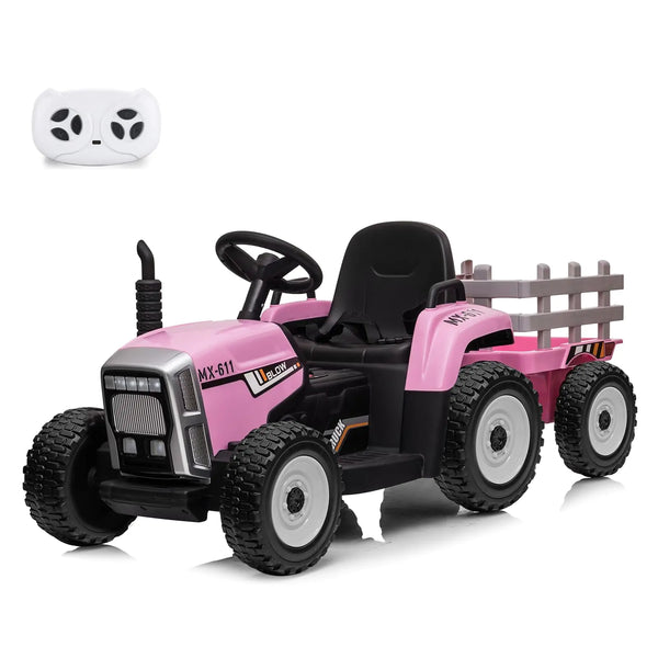 Nasitip 12V Kids Battery Powered Electric Tractor with Trailer Toddler Ride On Car w/Remote Control/ 7-LED Headlights/ 2+1 Gear Shift/ MP3 Player/USB Port for Kids 3-6 Years (Pink 35W/ EVA Tire)