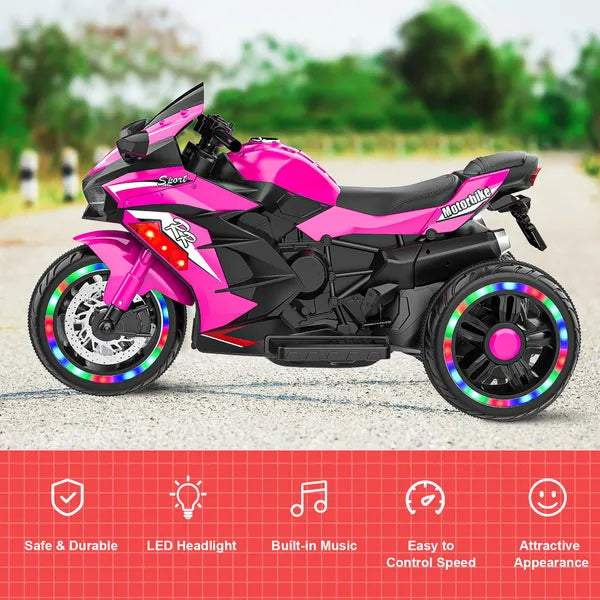 Kids Powered Ride-ons Toy, Kids Motorcycle For 3-6 Years, 12V Electric Ride On Motorcycle With Light Wheel & Bluetooth Music-Pink