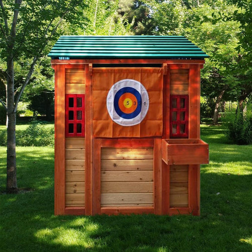 Wooden Cottage Playhouse with Awning, Ball Wall