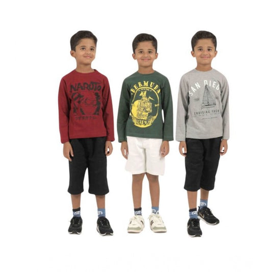 Generic Pack of 3 Boy's Cotton Printed Full Sleeve T-Shirt's (Multicolor)
