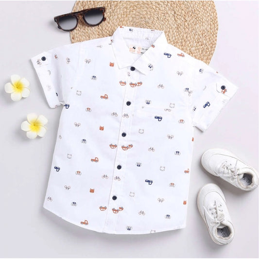 Generic Boy's Cotton Blend Printed Short Sleeve Shirt (White)