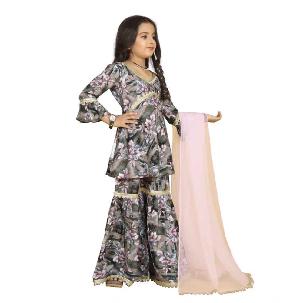 Generic Girl's Maslin Embrodrery Lace Aliya Cut Top With Sharara Dupatta Set (Grey Pink)