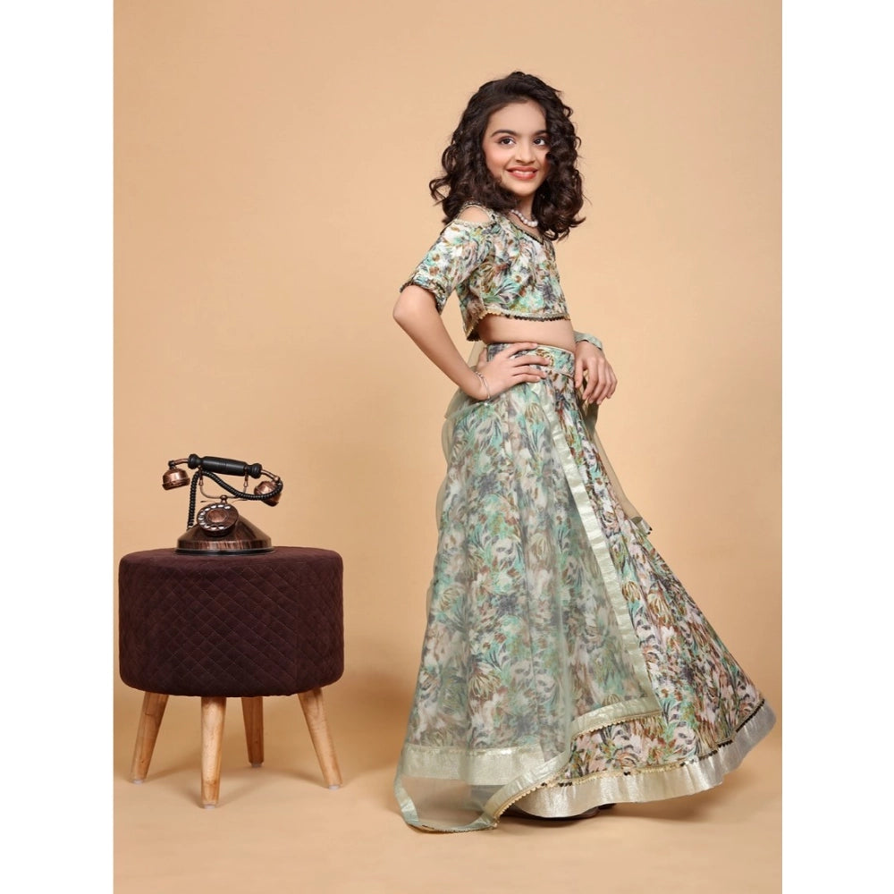 Generic Girl's Chiffon Printed Lehenga Choli Set (Green)