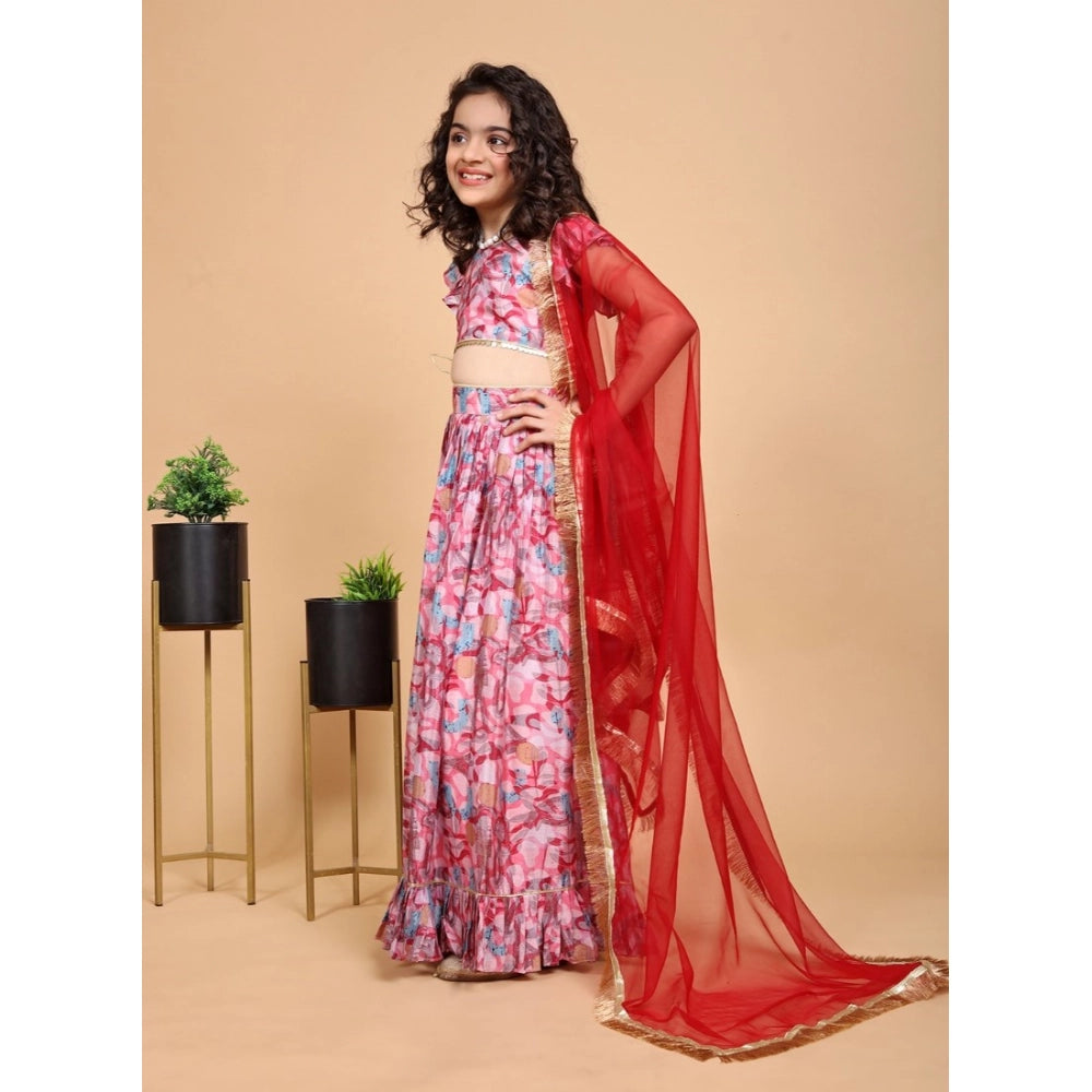 Generic Girl's Chiffon Printed Lehenga Choli Set (Pink)
