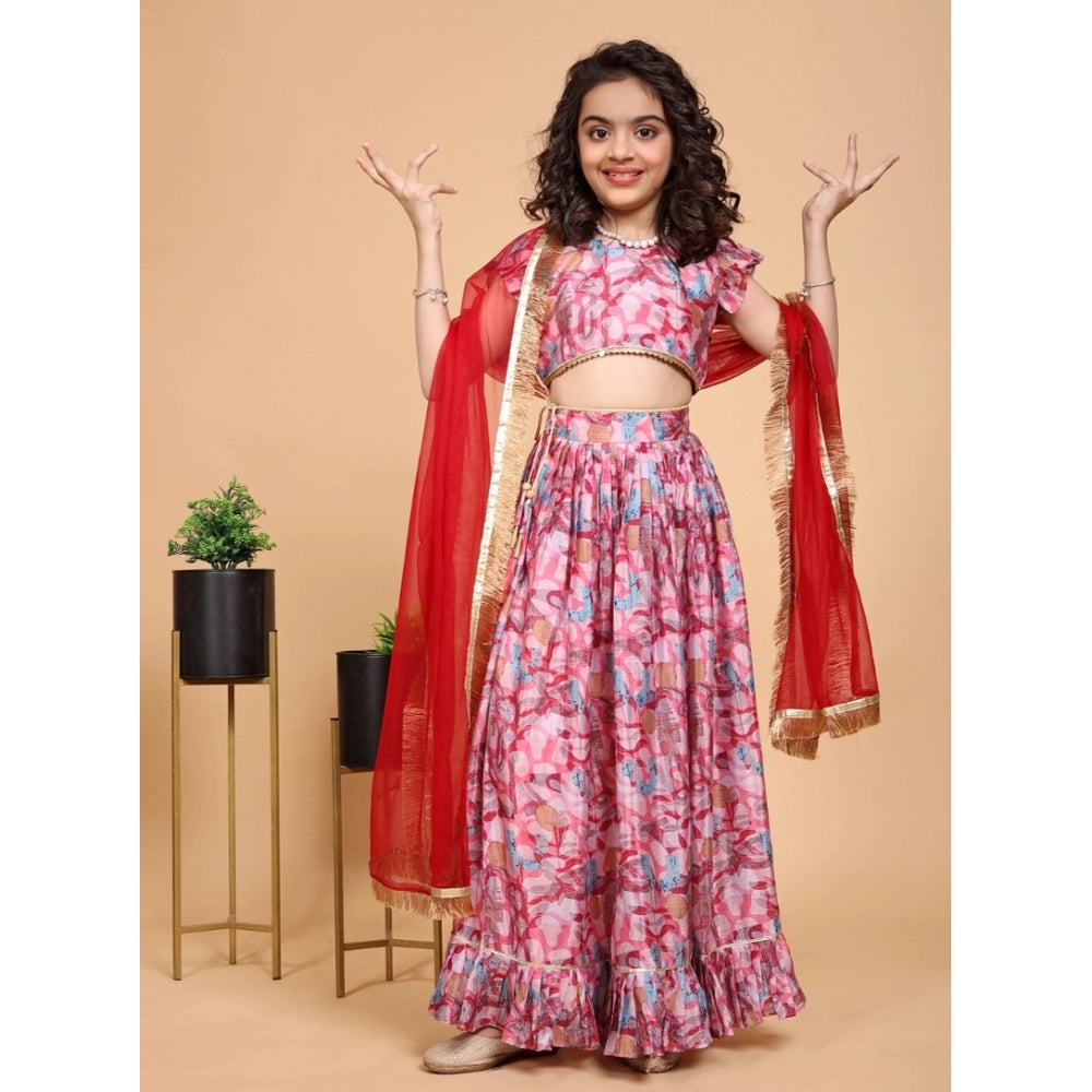Generic Girl's Chiffon Printed Lehenga Choli Set (Pink)