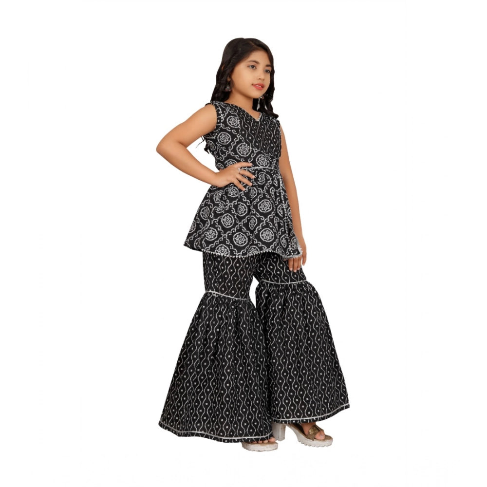 Generic Girl's Cotton Rayon Printed Top And Sharara Set (Black)