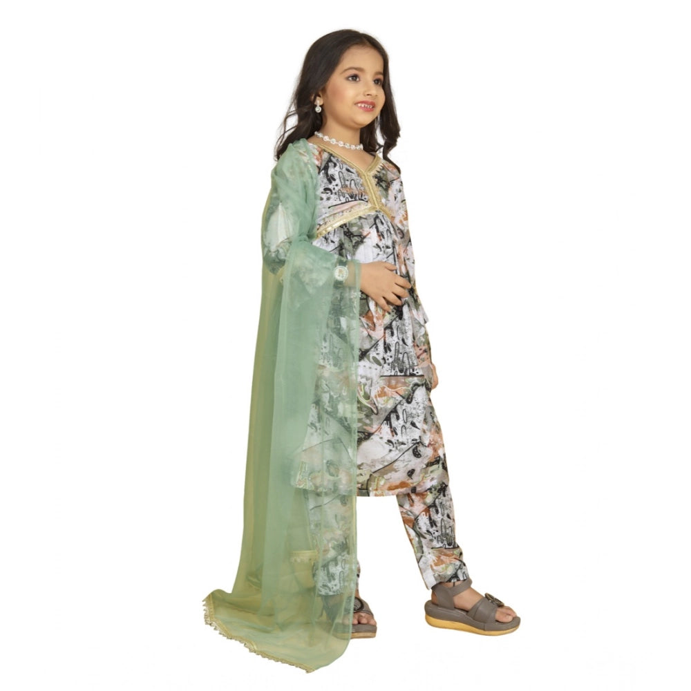 Generic Girl's Maslin Embrodrery Lace Aliya Cut Top With Bottom Dupatta Set (Green)