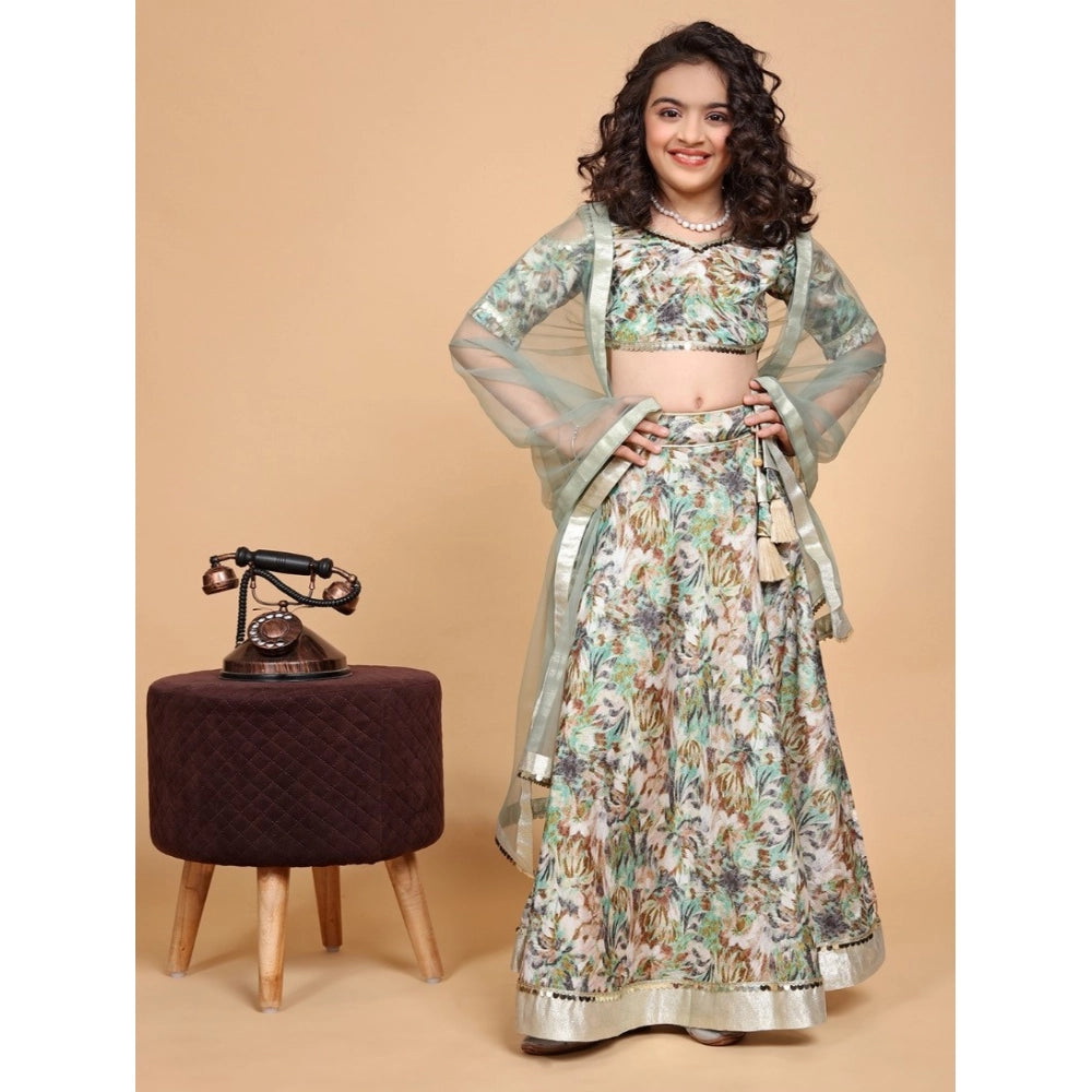 Generic Girl's Chiffon Printed Lehenga Choli Set (Green)