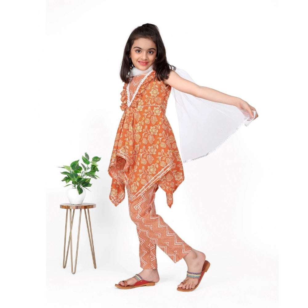 Generic Girl's Cotton Printed Kurti With Bottom Dupatta Set (Orange)