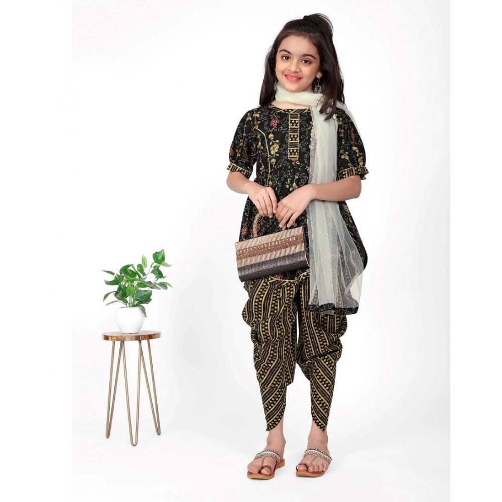 Generic Girl's Cotton Printed Kurtis With Dhoti Dupatta Set (Black)
