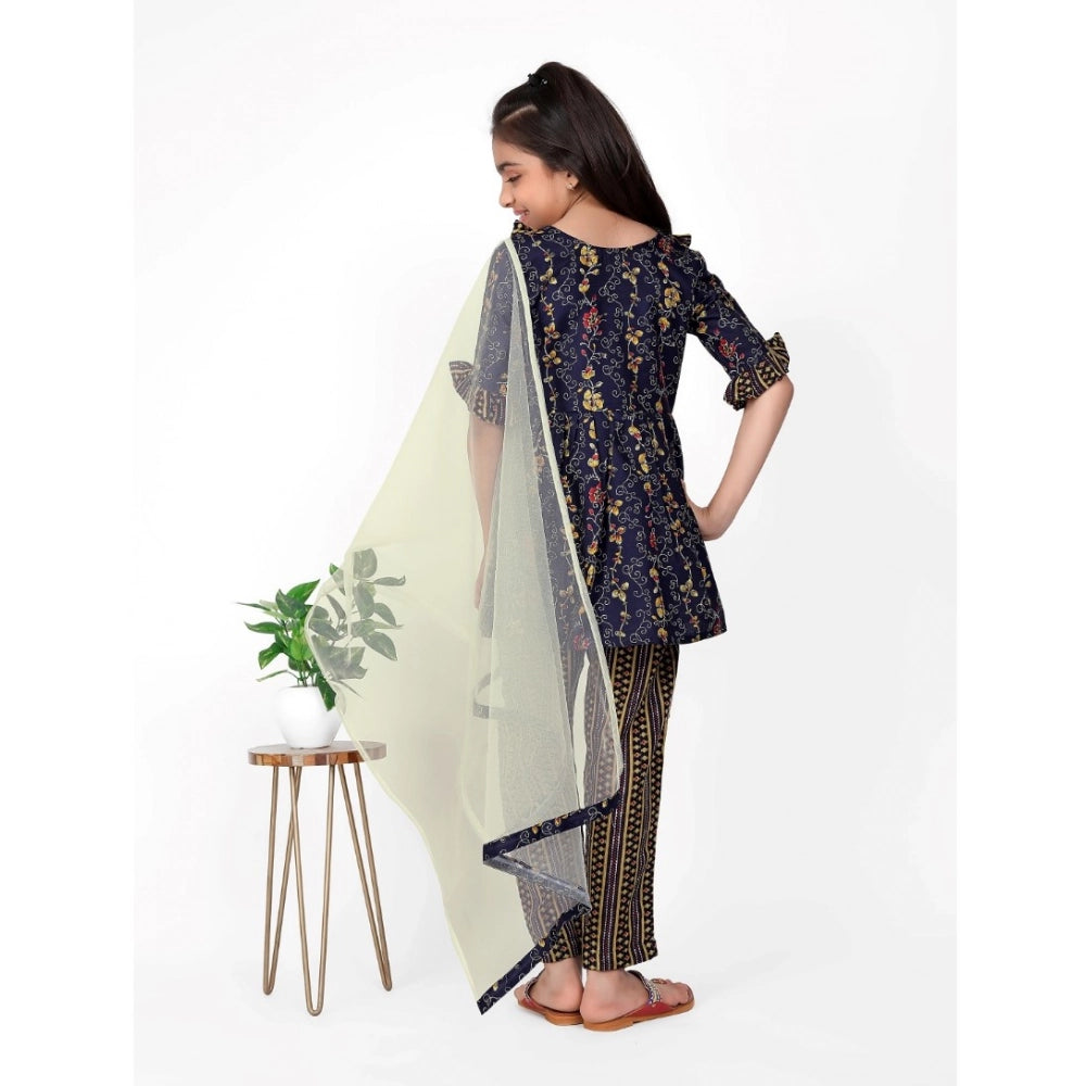 Generic Girl's Cotton Printed Kurti With Bottom Dupatta Set (Dark Blue)