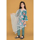 Generic Girl's Silk Blend Floral Prinded Shiffli Lace Salwar Kameez Dupatta Set (Teal)
