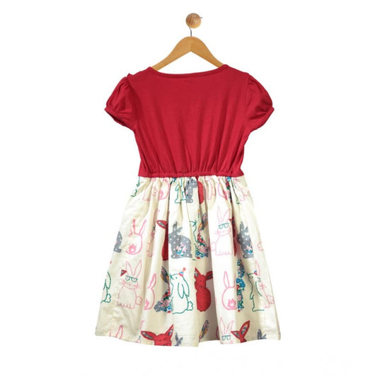 Generic Girl's Cotton Printed Short Sleeve Round Neck Dress (Red-White)