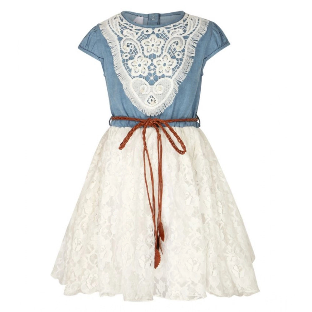 Generic Girl's Denim Embroidery Short Sleeve Round Neck Dress (White)