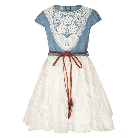 Generic Girl's Denim Embroidery Short Sleeve Round Neck Dress (White)