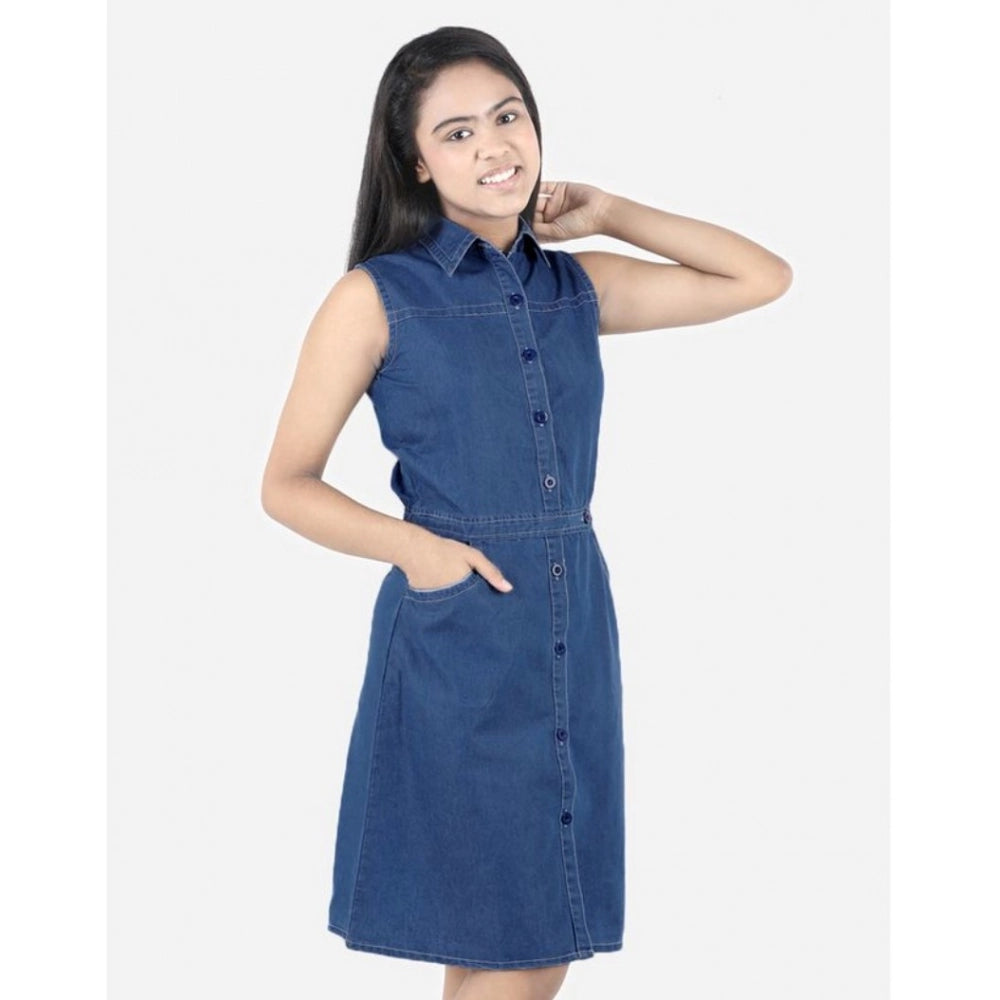 Generic Girl's Denim Solid Sleeveless Shirt collar Dress (Blue)
