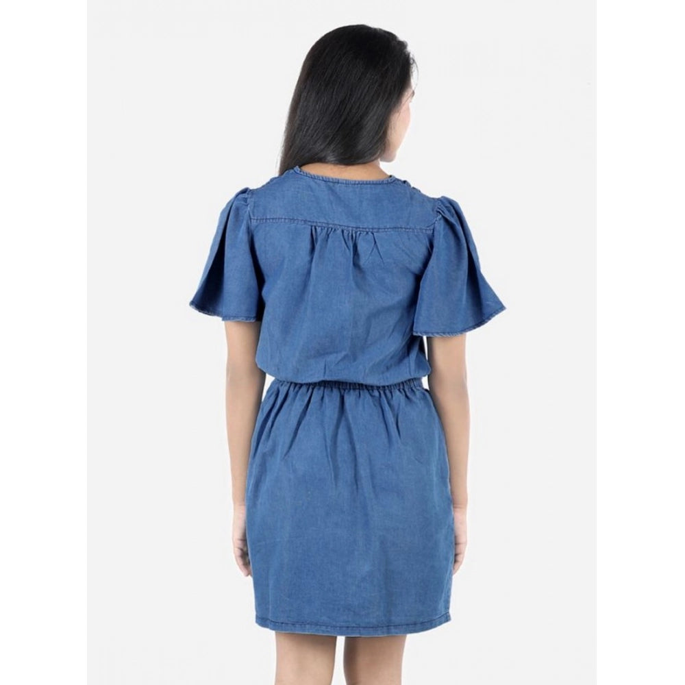 Generic Girl's Denim Solid Short Sleeve V-Neck Dress (Blue)