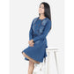 Generic Girl's Denim Solid Long Sleeve Round Neck Dress (Blue)