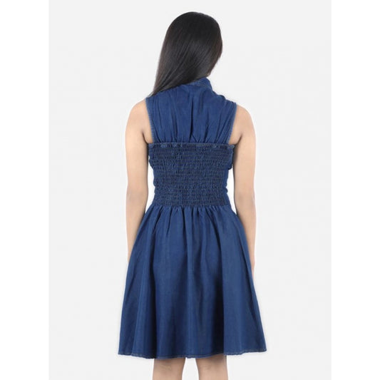 Generic Girl's Denim Solid Sleeveless Shirt collar Dress (Blue)