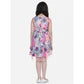 Generic Girl's Polyester Crepe  Net Printed Sleeveless Round Neck Dress (Pink-Blue)
