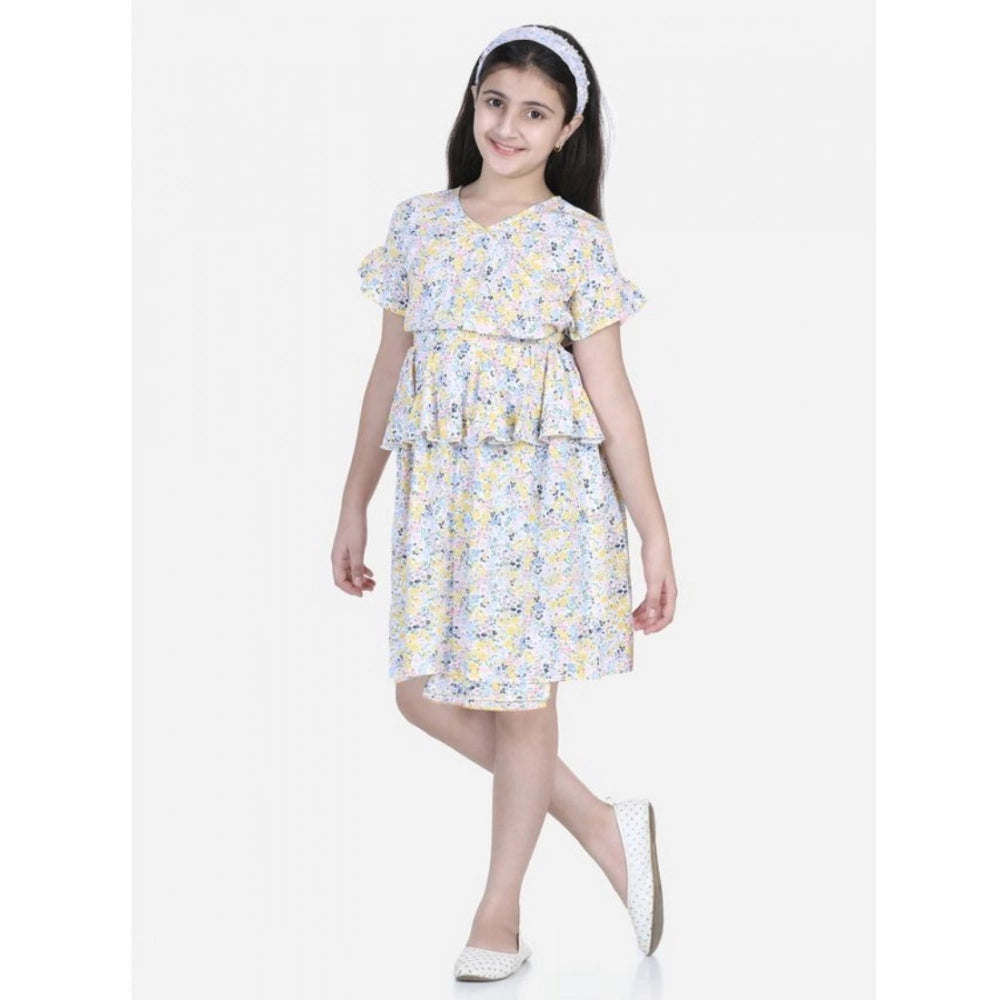 Generic Girl's Rayon Floral Printed Short Sleeve V-Neck Dress (Multicolor)