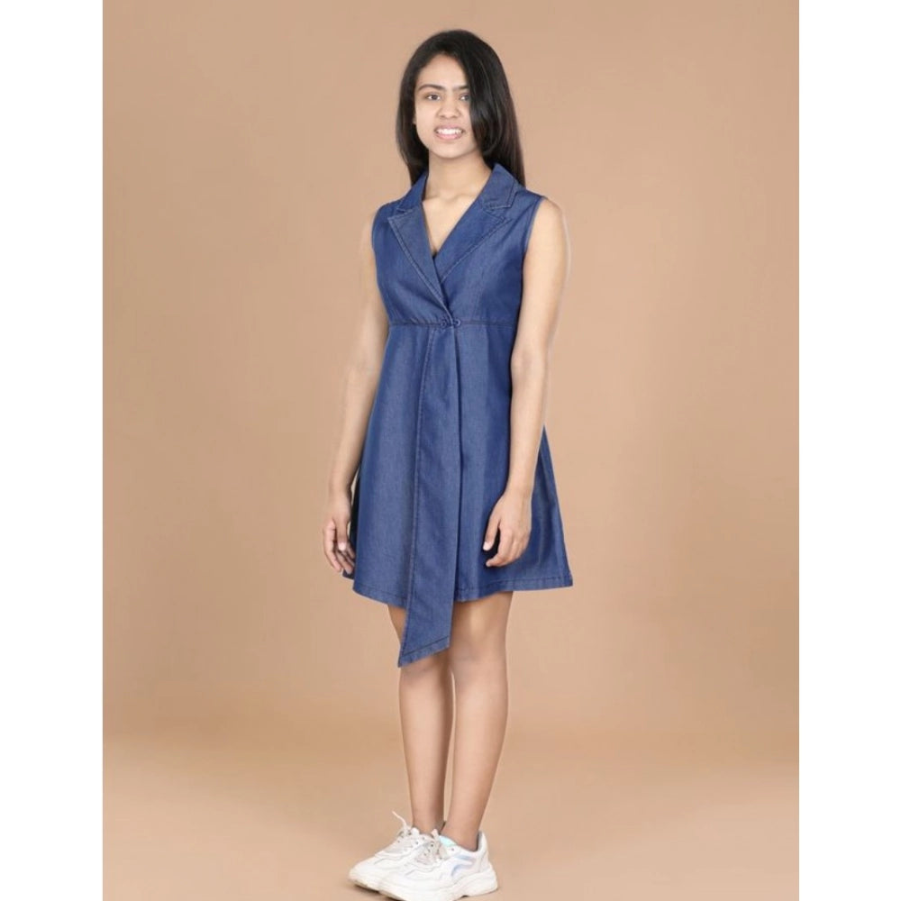 Generic Girl's Denim Solid Sleeveless Shirt collar Dress (Blue)