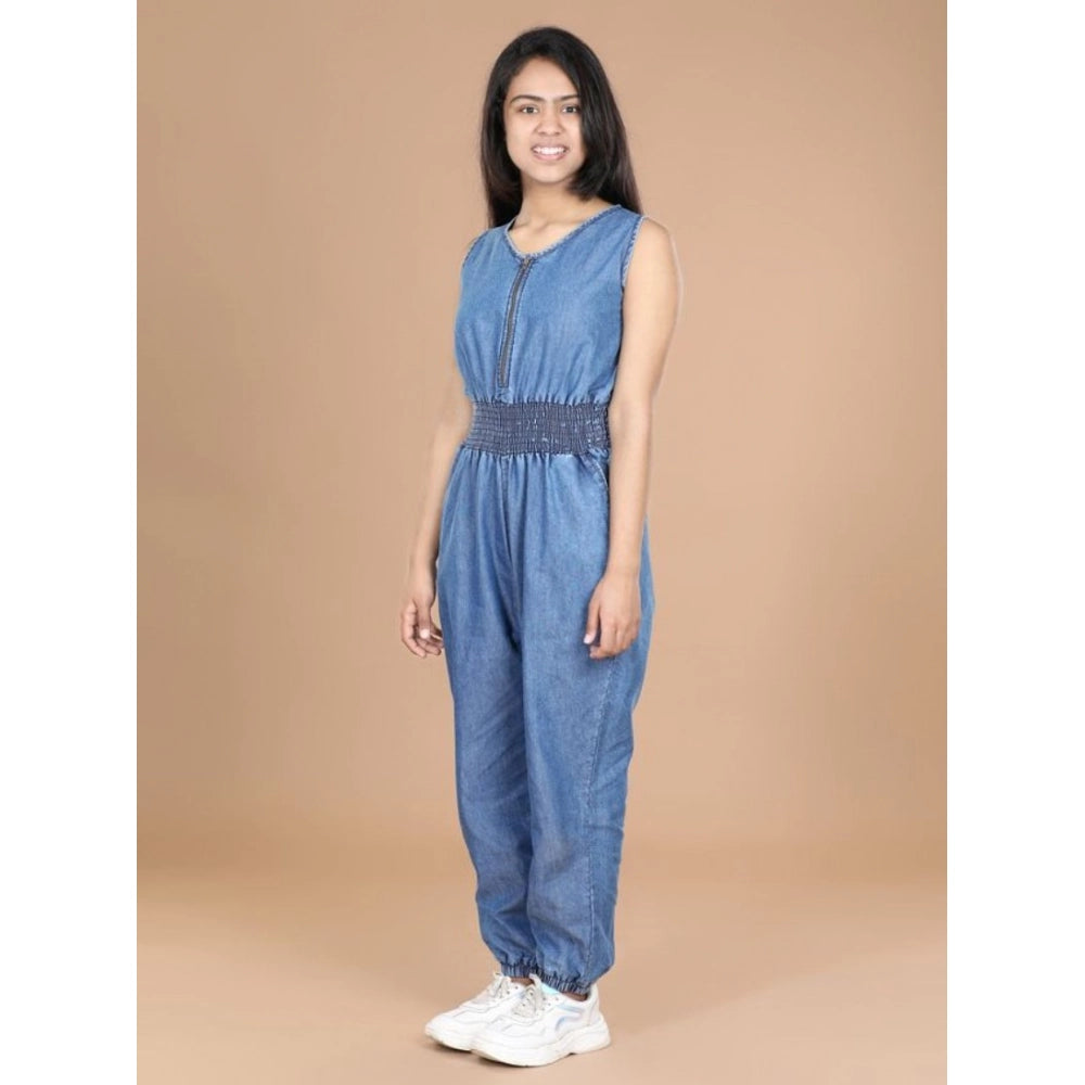 Generic Girl's Denim Solid Shoulder Straps V-Neck Dress (Blue)