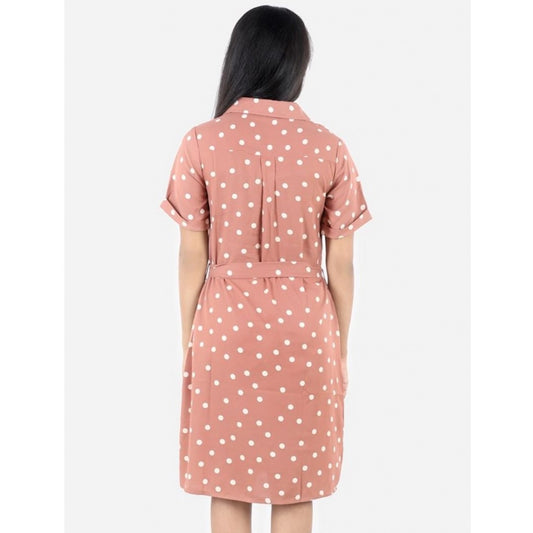 Generic Girl's Polyester Printed Short Sleeve Shirt collar Dress (Brown)