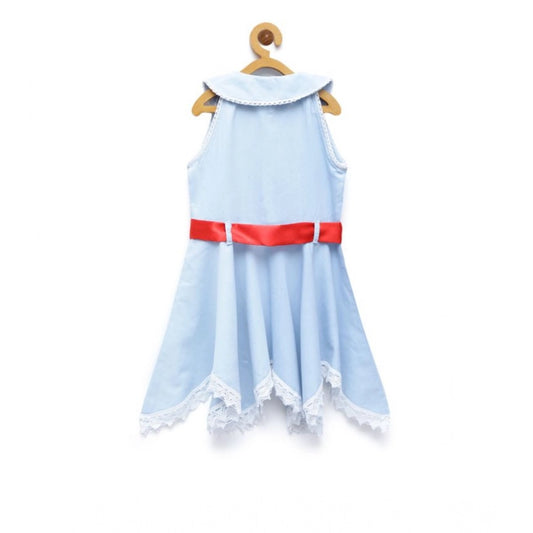 Generic Girl's Denim Lace Solid Sleeveless Shirt collar Dress (Light Blue)