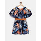 Generic Girl's Polyester Crepe Floral Printed Bell Sleeve Cold Shoulder Neck Dress (Multicolor)
