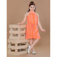 Generic Girl's Polyester Crepe Printed Sleeveless Round Neck Dress (Orange)
