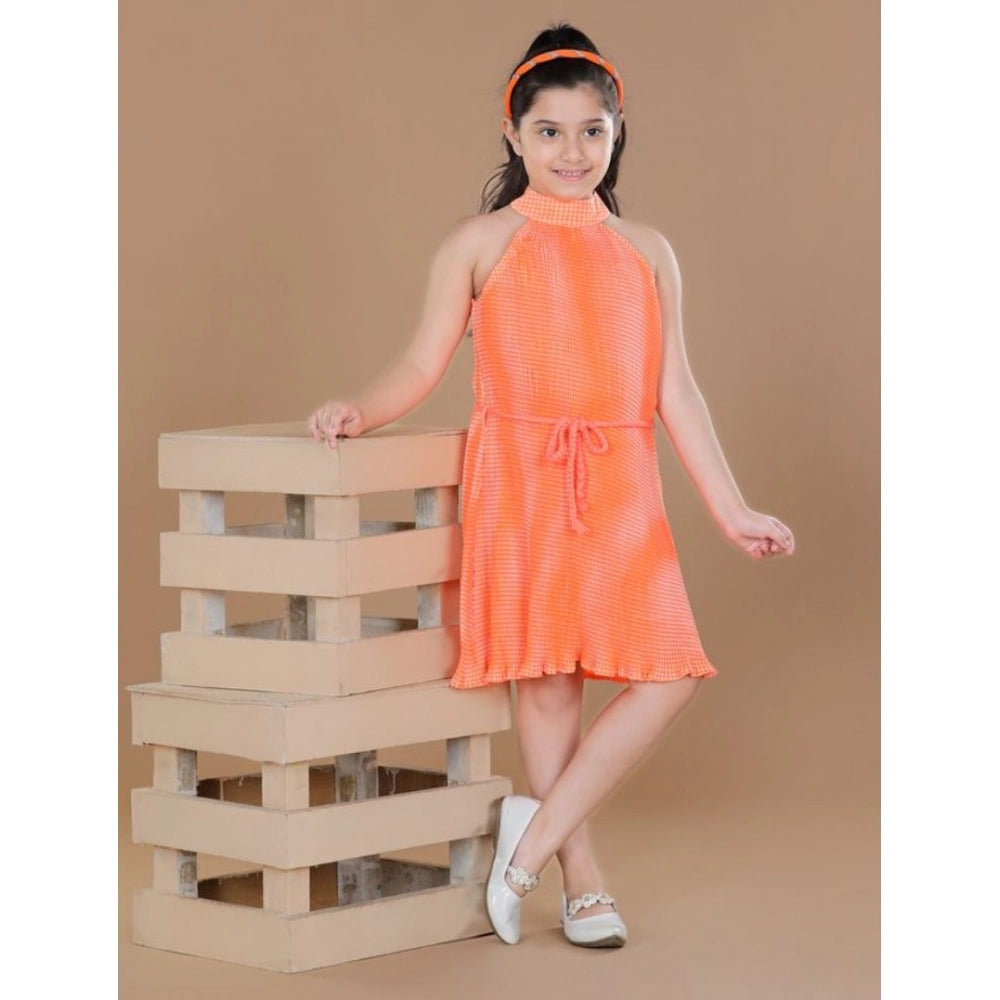 Generic Girl's Polyester Crepe Printed Sleeveless Round Neck Dress (Orange)