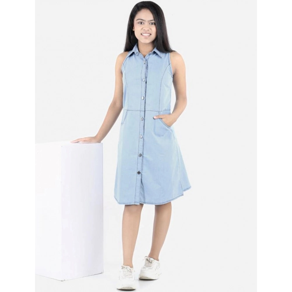 Generic Girl's Denim Solid Sleeveless Shirt collar Dress (Blue)