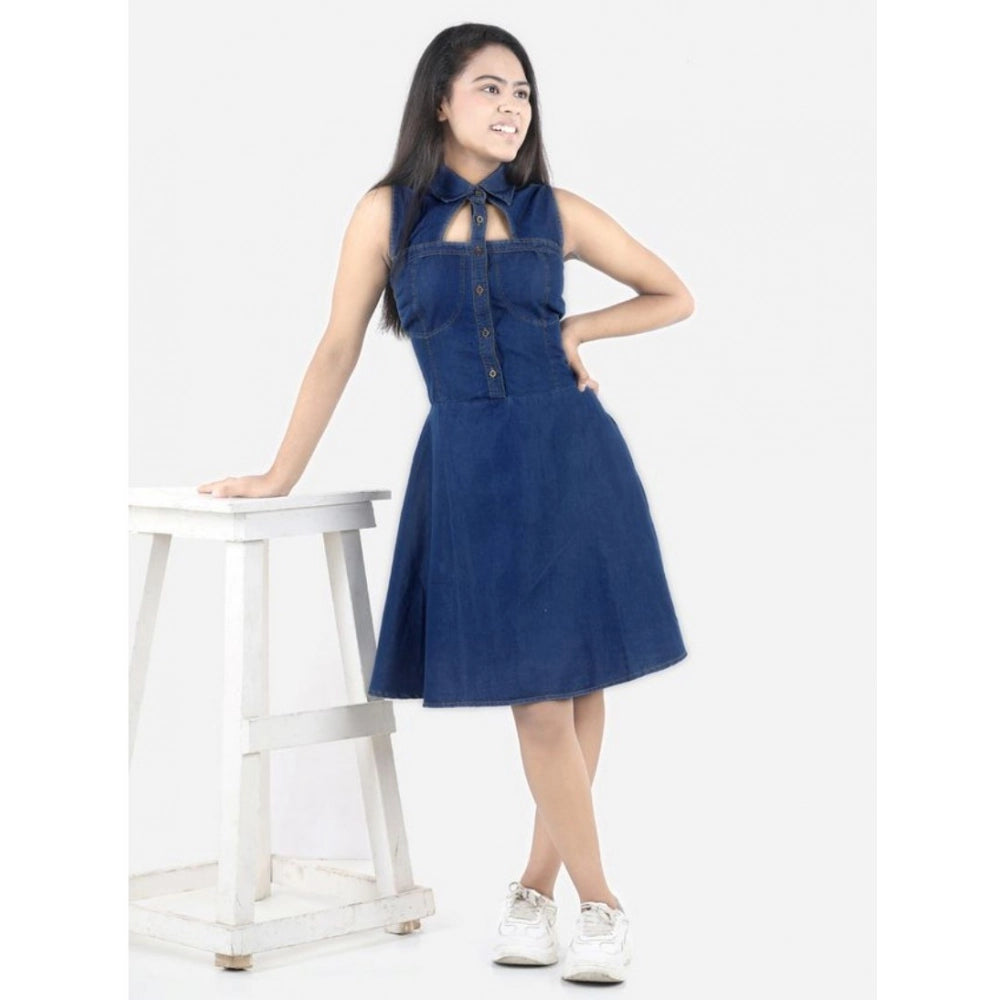 Generic Girl's Denim Solid Sleeveless Shirt collar Dress (Blue)