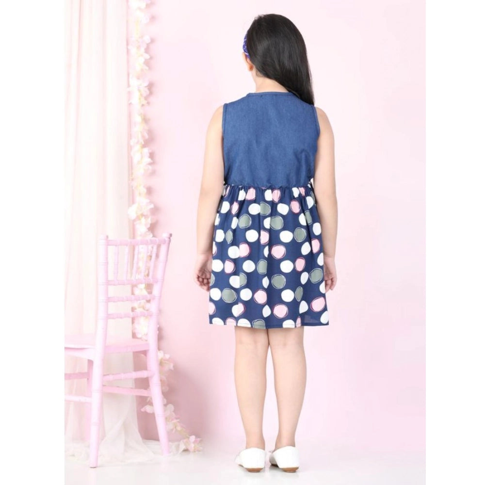 Generic Girl's Denim  Rayon Printed Sleeveless Round Neck Dress (Blue)
