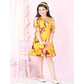 Generic Girl's Polyester Crepe Floral Printed Slit Sleeve Round Neck Dress (Yellow-Red)