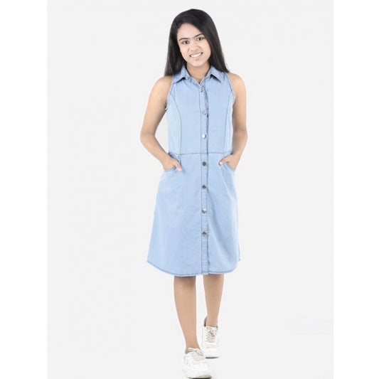 Generic Girl's Denim Solid Sleeveless Shirt collar Dress (Blue)