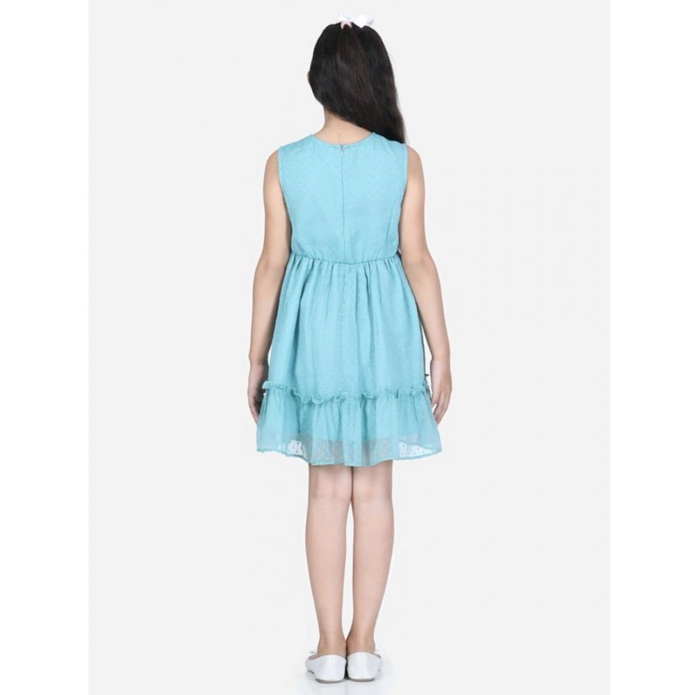 Generic Girl's Polyester Dobby Floral Printed Sleeveless Round Neck Dress (Blue)