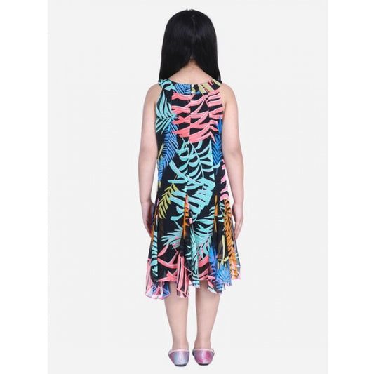 Generic Girl's Polyester Crepe Floral Printed Sleeveless Round Neck Dress (Multicolor)