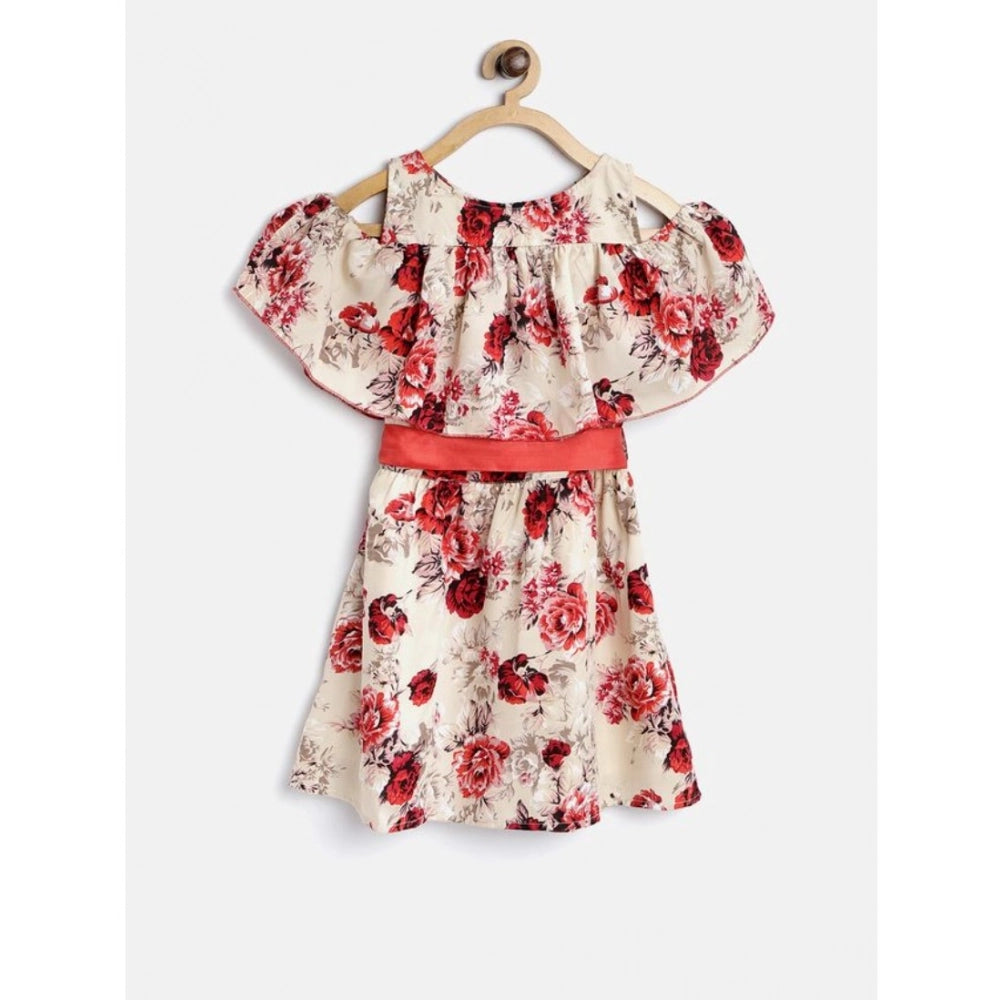 Generic Girl's Polyester Crepe Printed Short Sleeve Cold Shoulder Neck Dress (Cream-Red)