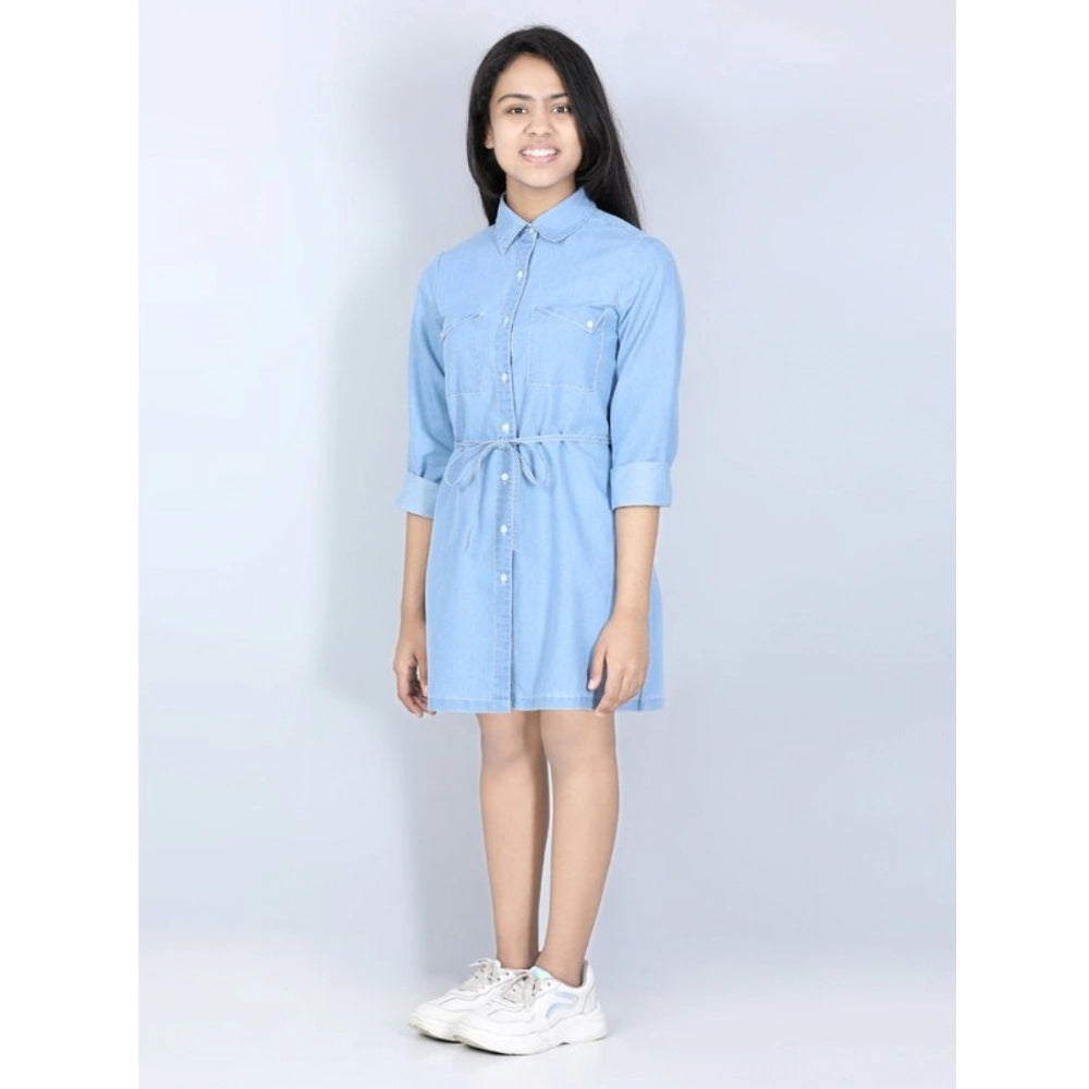 Generic Girl's Denim Solid Long Sleeve Shirt collar Dress (Blue)
