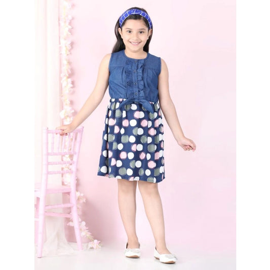 Generic Girl's Denim  Rayon Printed Sleeveless Round Neck Dress (Blue)