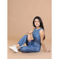 Generic Girl's Denim Solid Shoulder Straps V-Neck Dress (Blue)