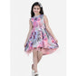 Generic Girl's Polyester Crepe  Net Printed Sleeveless Round Neck Dress (Pink-Blue)