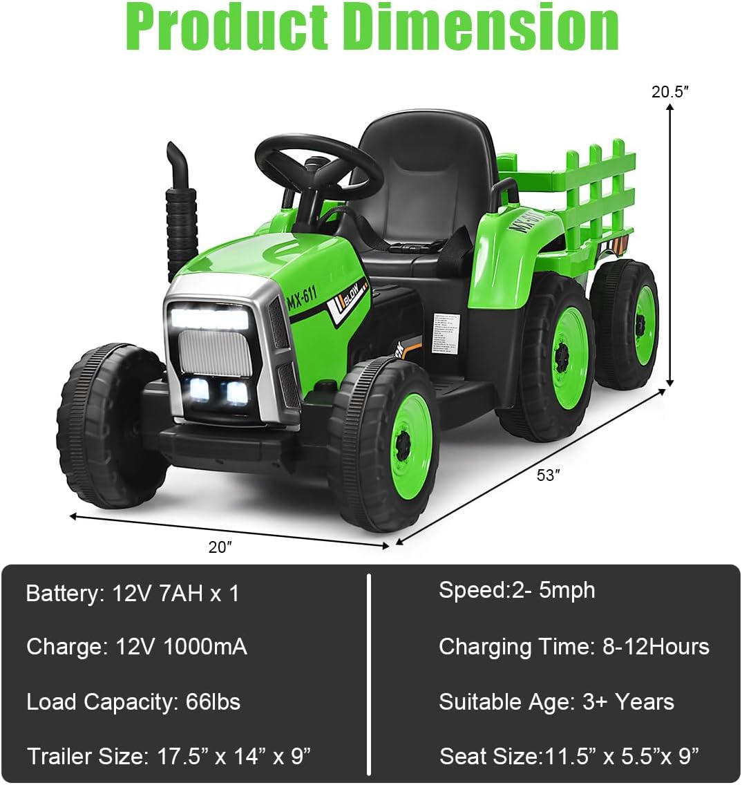 Costzon Ride on Tractor with Detachable Trailer 12V Kids Electric Vehicles w/3-Gear-Shift Ground Loader Wireless Design & USB 7 LED Headlights Remote Control Tractor Toys for Kids 3+ (Green)