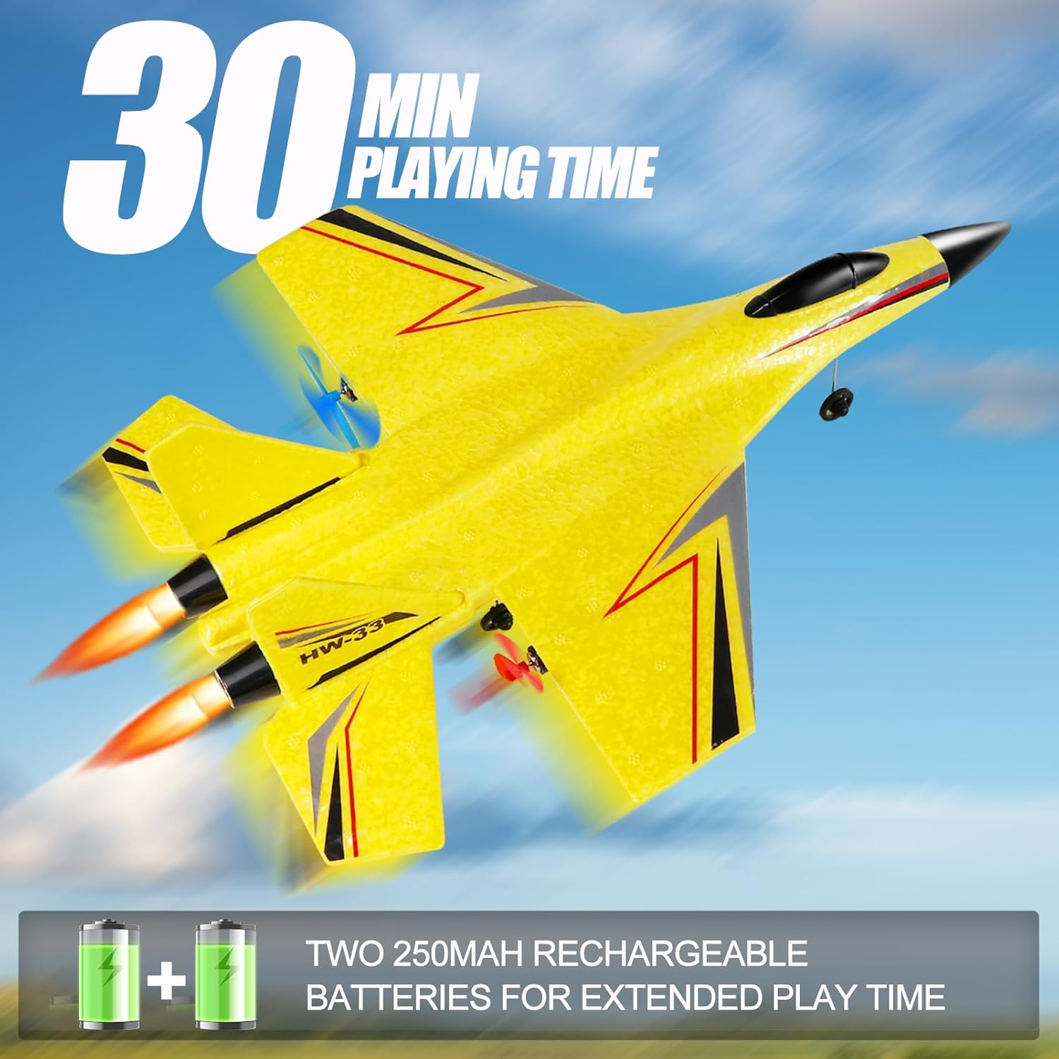RC Plane for Kids – Easy-to-Control 2CH Foam Remote Control Airplane for Boys & Girls, Long Range Wireless RC Toy with 2 Rechargeable Batteries – Yellow